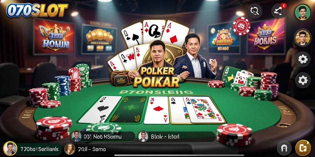 Screenshot gameplay 070SLOT menunjukkan pemain bersemangat bermain Poker.