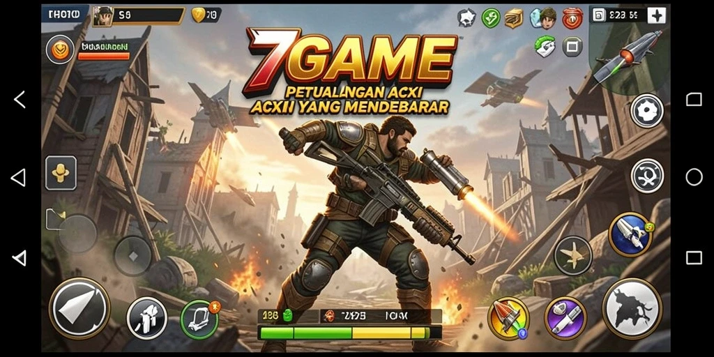 Screenshot 7GAME menampilkan aksi seru di arena pertempuran.