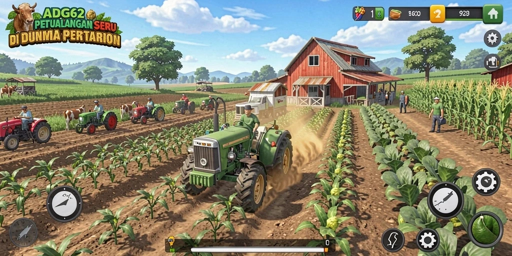 Screenshot gameplay ADG62 yang menunjukkan pertanian yang subur.