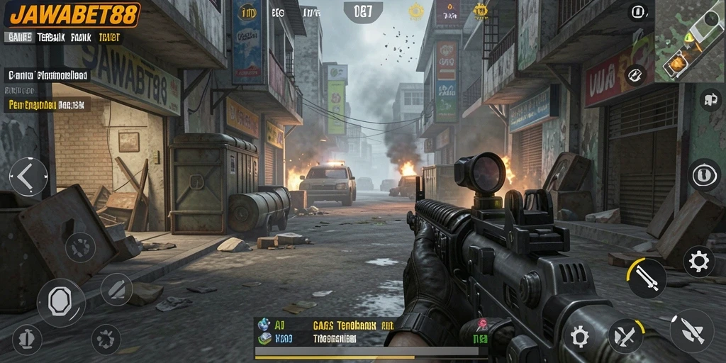 Screenshot utama JAWABET88 menunjukkan aksi gameplay TPS yang seru.