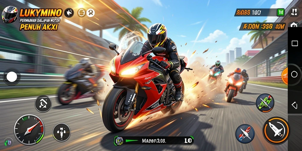 Screenshot gameplay LUKYMINO menampilkan aksi balapan motor yang mendebarkan.