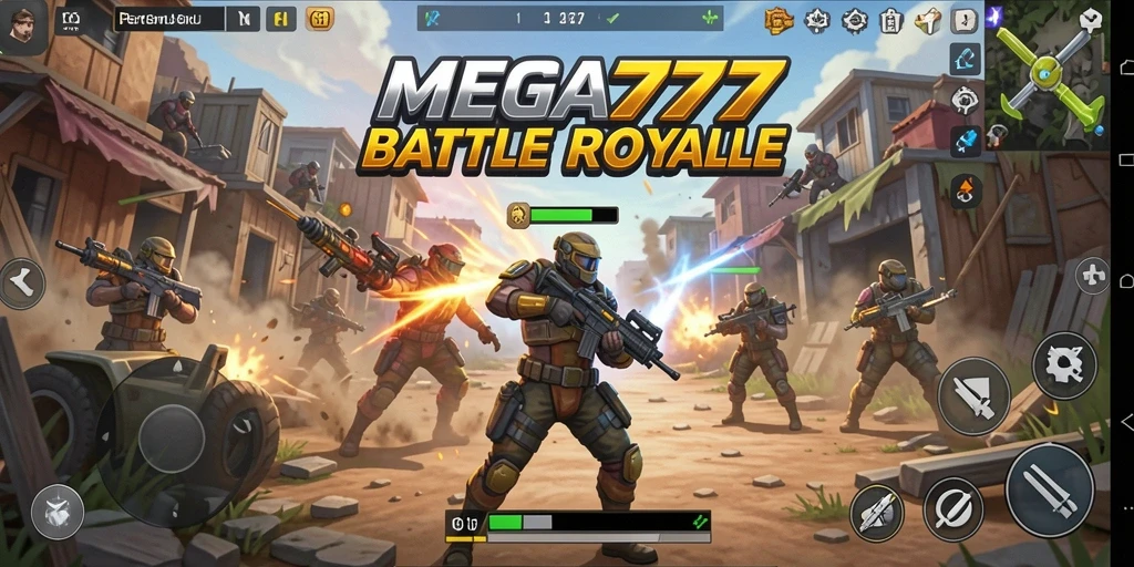 Tangkapan layar gameplay MEGA777 yang menampilkan aksi Battle Royale yang seru.