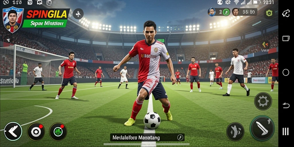 Gameplay seru dan mendebarkan di SPINGILA dengan aksi sepak bola.