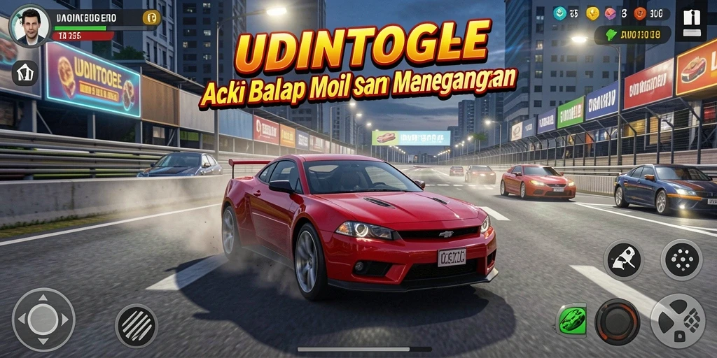 Screenshot gameplay menampilkan aksi balap mobil yang mendebarkan.